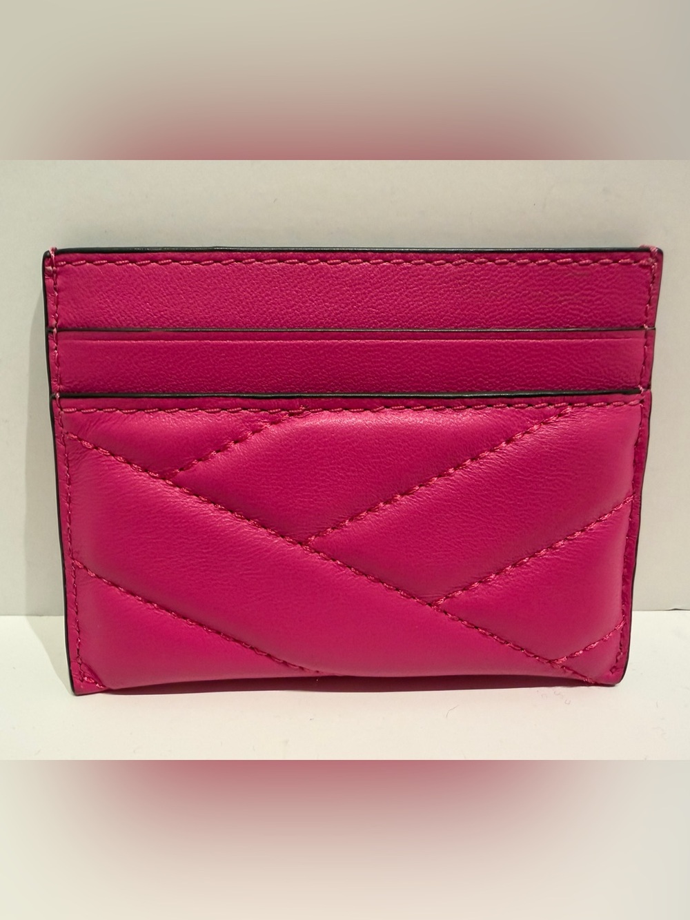 Tory Burch Kira Chevron Leather Card Holder Wallet Pink Gold Logo - Picture 3 of 4